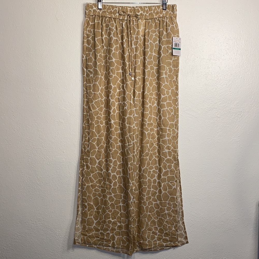 MICHAEL MK Giraffe Print High-Slit Pants (khaki and cream)